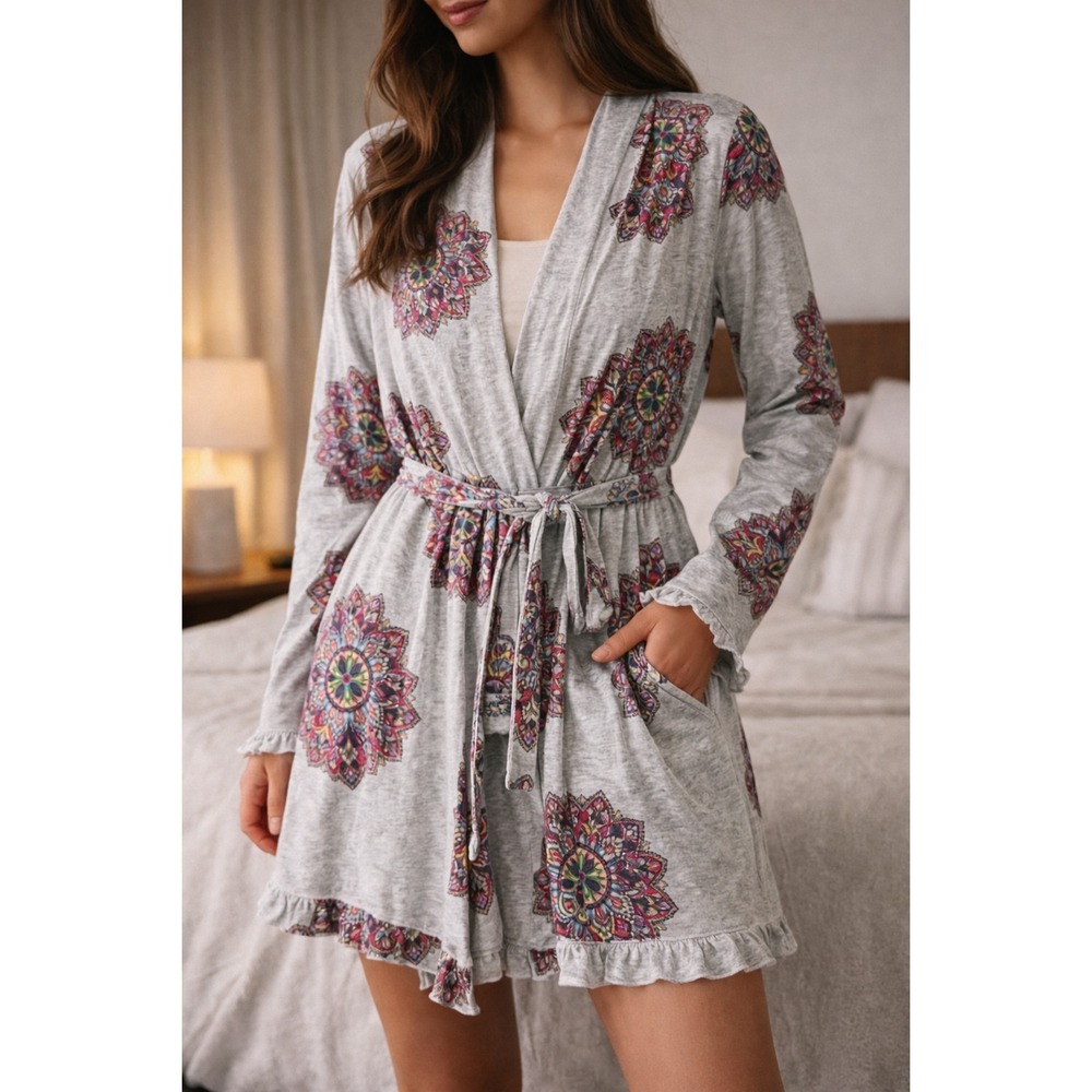 Anthropologie Gray Floral Medallion Robe